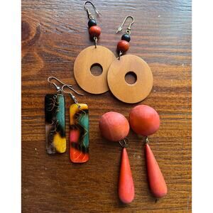 vintage lot wood style earrings dangles 3 pair disc tear drop dyed boho hippie